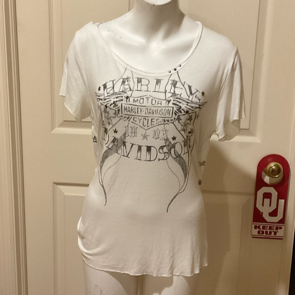 Harley-Davidson White Graphic Short Sleeve Open Back Tee. XL